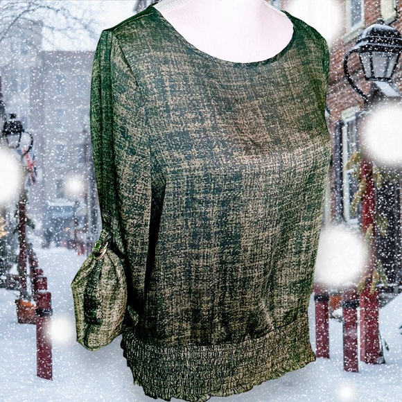 MICHAEL Michael Kors Forest Green & Black Printed Smocked Waist Top Petite Small - Picture 1 of 13